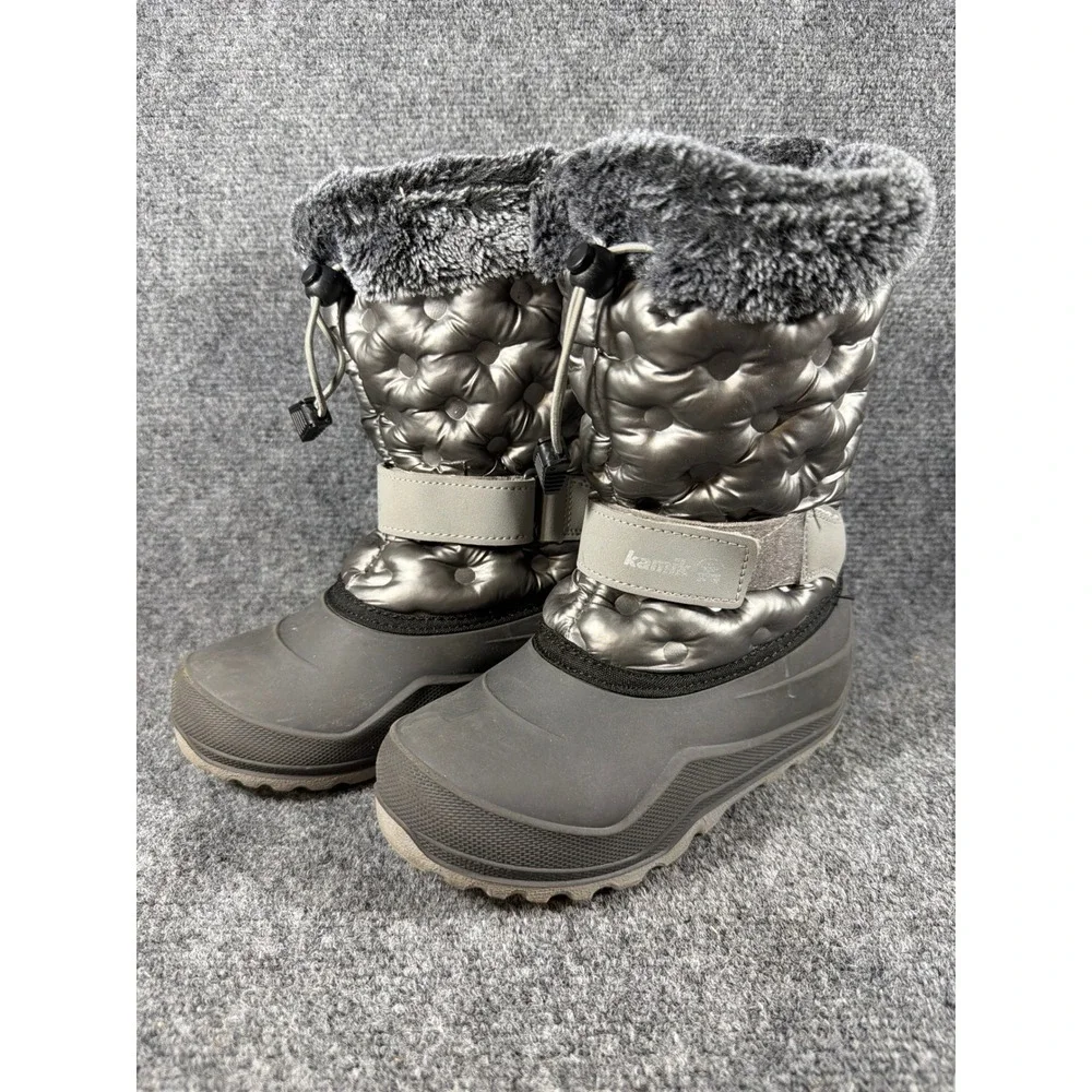Kamik Kids Silver Metallic Quilted Faux Fur Snow Boots Size 2 Made in Canada